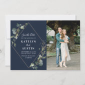 青緑のネイビー結婚ブルーの写真は日付を保存 セーブザデート (正面)