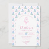 青緑のハイドランジア ピンクの弓 トレリス 招待状 (正面)