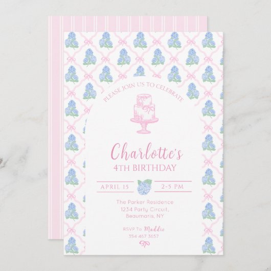 青緑のハイドランジア ピンクの弓 トレリス 招待状 (正面/裏面)