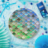 青緑の光沢があるグラデーションなグリッターの人魚のスケール ペーパープレート (パーティー)