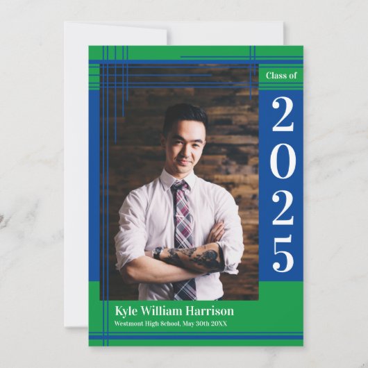 青緑の学校のカラー卒業写真 招待状 (正面)