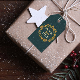 青緑の平和、喜び、愛の金ゴールドクリスマスリース ギフトタグ