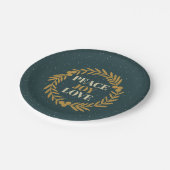 青緑の平和、喜び、愛の金ゴールドクリスマスリース ペーパープレート (アングル)