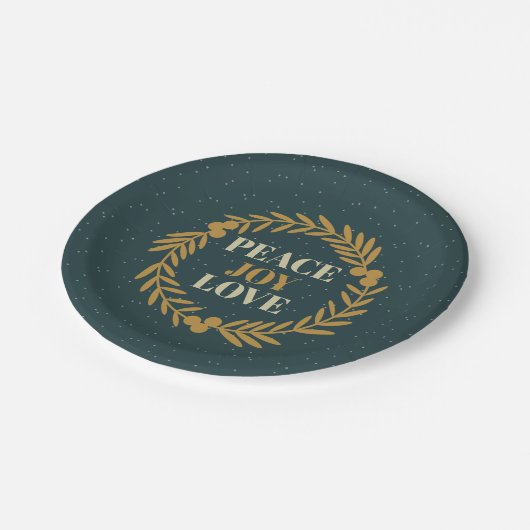 青緑の平和、喜び、愛の金ゴールドクリスマスリース ペーパープレート (アングル)