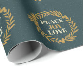 青緑の平和、喜び、愛の金ゴールドクリスマスリース ラッピングペーパー (ロールコーナー)