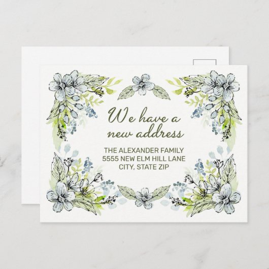 青緑の手描き花新しい住所 案内ポストカード (正面/裏面)