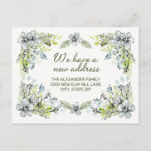 青緑の手描き花新しい住所 案内ポストカード (正面)