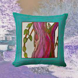 青緑の木と絵画鳥の様式化 クッション