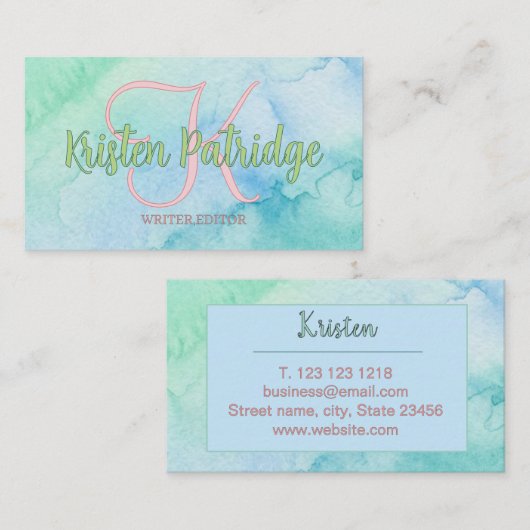 青緑の水彩エディターライター名前モノグラム 名刺 (正面/裏面)