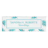 青緑の水彩柄のヤシ葉の模様 名札 (正面)