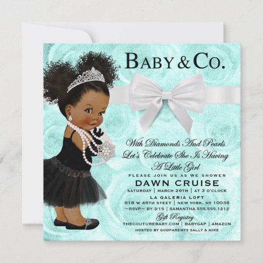 青緑の水彩画のベビーシャワー 招待状 (正面)