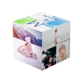 青緑の水彩画のモノグラムの写真のコラージュ フォトキューブ (裏面アングル)