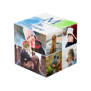 青緑の水彩画のモノグラムの写真のコラージュ フォトキューブ