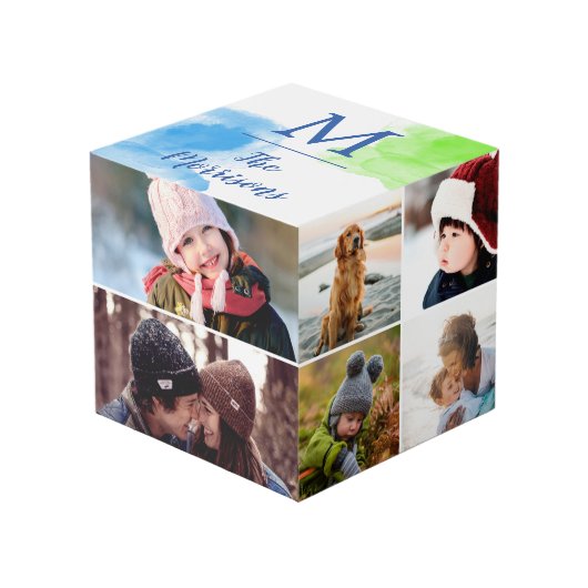 青緑の水彩画のモノグラムの写真のコラージュ フォトキューブ (正面アングル)