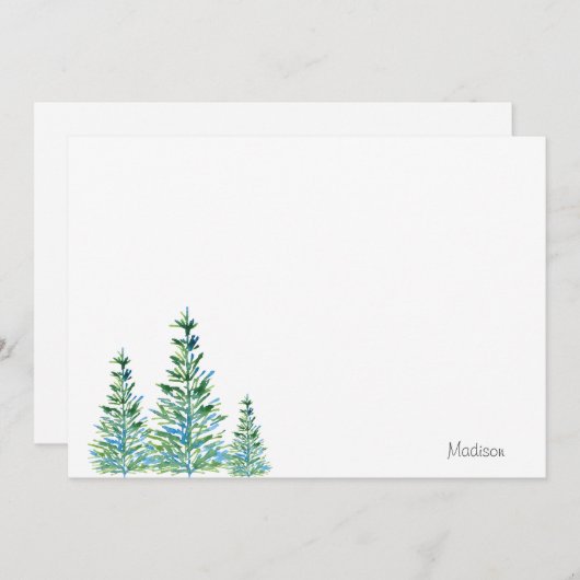 青緑の水彩画の松の木3本 ノートカード (正面/裏面)