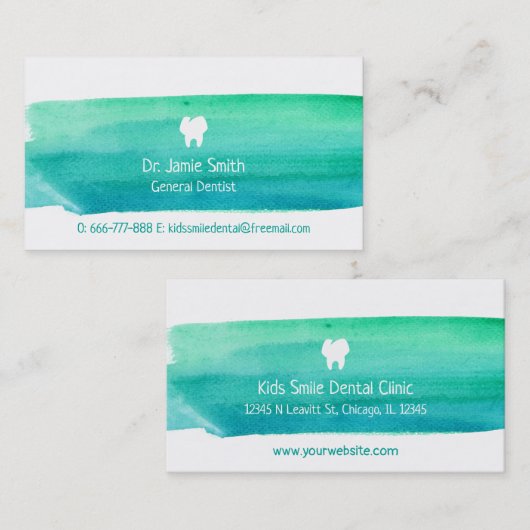 青緑の水彩画の歯科医の名刺 名刺 (正面/裏面)