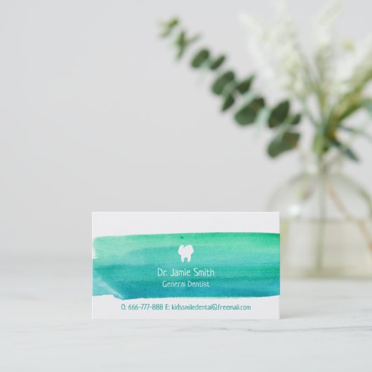青緑の水彩画の歯科医の名刺 名刺 (スタンド正面)