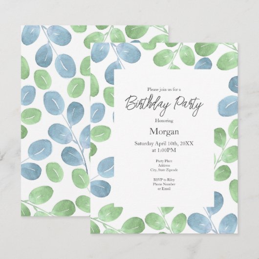 青緑の水彩画ラウンドリーフパターン 招待状 (正面/裏面)