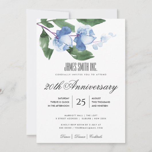 青緑の水彩花柄コーポレートパーティーイベント 招待状 (正面)