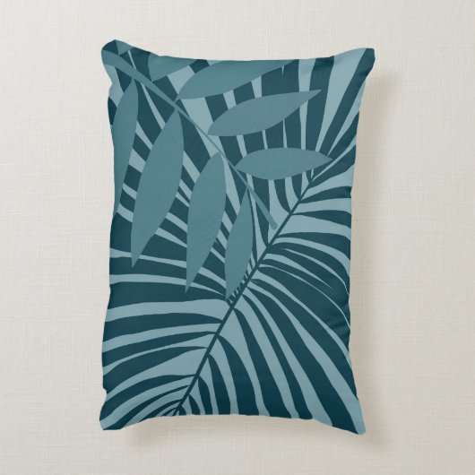 青緑の灰色のヤシと熱帯の葉抽象芸術 アクセントクッション (裏面(縦))