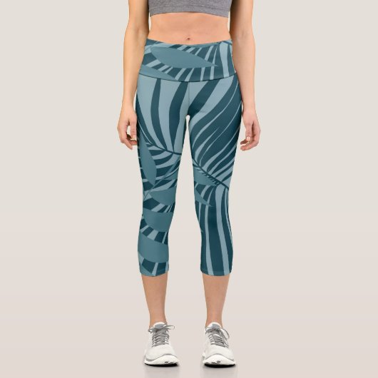 青緑の灰色のヤシと熱帯の葉抽象芸術 カプリレギンス (正面)