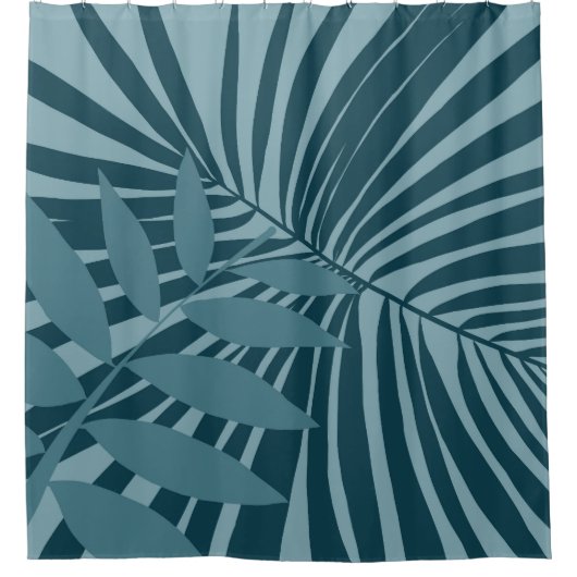 青緑の灰色のヤシと熱帯の葉抽象芸術 シャワーカーテン (正面)