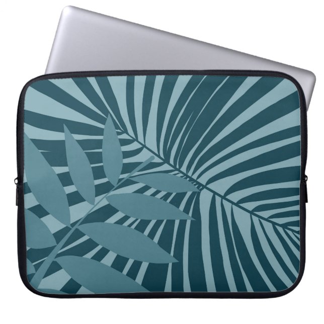 青緑の灰色のヤシと熱帯の葉抽象芸術 ラップトップスリーブ (正面)