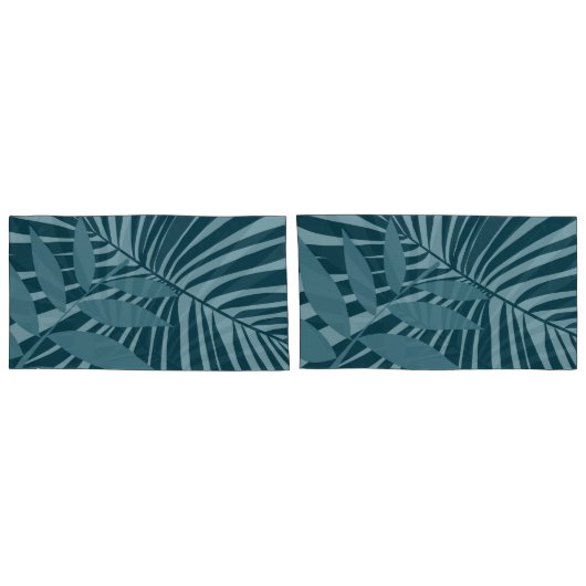 青緑の灰色のヤシと熱帯の葉抽象芸術 枕カバー (裏面-セット)