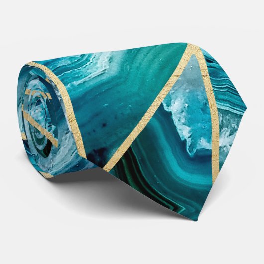 青緑の瑪瑙の黒の金ゴールドの幾何学的な三角形 ネクタイ (ロール)