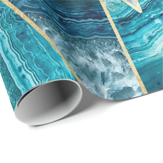 青緑の瑪瑙の黒の金ゴールドの幾何学的な三角形 ラッピングペーパー (ロールコーナー)