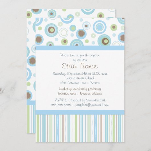 青緑の甘い男の赤ちゃんの水玉模様の洗礼の招待 招待状 (正面/裏面)