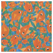 青緑の生地のDitzyオレンジ魚パターン ファブリック (クローズアップ)