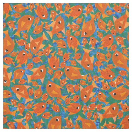 青緑の生地のDitzyオレンジ魚パターン ファブリック (見本)
