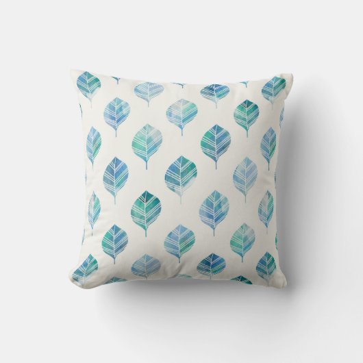 青緑の白い水彩画は装飾用クッションを去ります クッション (正面)