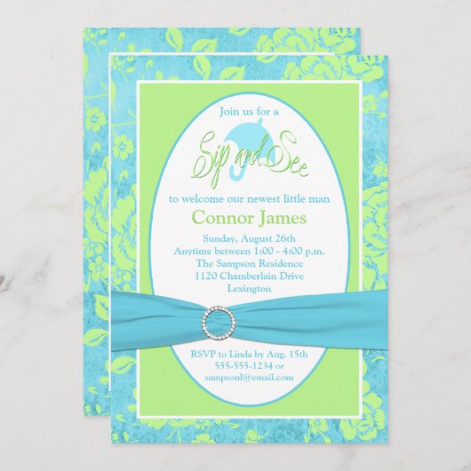 青緑の白い花の一口は招待状を見、 招待状 (正面/裏面)