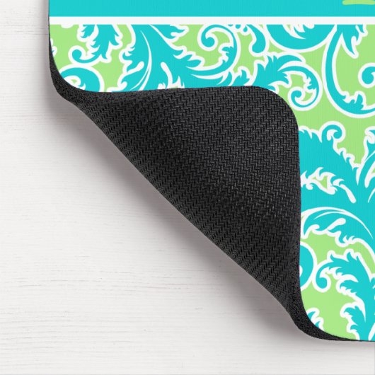 青緑の白くストライプのなダマスク織のモノグラムのマウスパッド マウスパッド (コーナー)