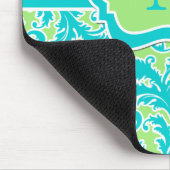 青緑の白くストライプのなダマスク織のモノグラムのマウスパッド マウスパッド (コーナー)