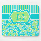 青緑の白くストライプのなダマスク織のモノグラムのマウスパッド マウスパッド (正面)