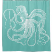 青緑の白航海のタコイラストレーション シャワーカーテン (正面)