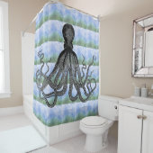 青緑の背景のKrakenのタコ シャワーカーテン (インサイチュ)