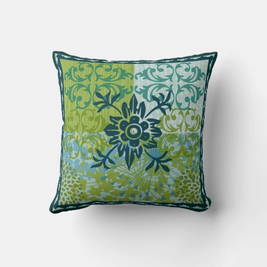 青緑の花のダマスク織パターン装飾用クッション クッション (裏面)
