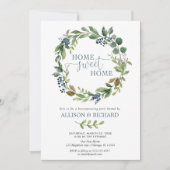 青緑の花のリースの素朴な引っ越し祝いパーティー 招待状 (正面)