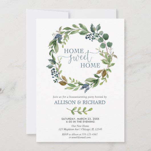 青緑の花のリースの素朴な引っ越し祝いパーティー 招待状 (正面)