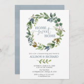 青緑の花のリースの素朴な引っ越し祝いパーティー 招待状 (正面/裏面)