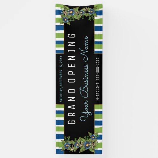 青緑の花柄のストライプのオープンビジネス 横断幕 (縦)