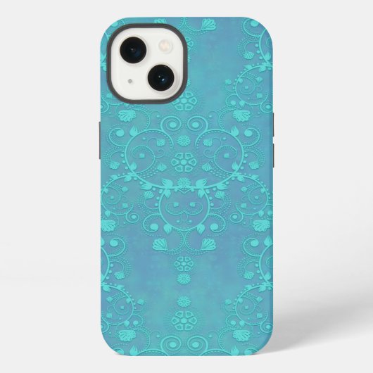 青緑の花模様のダマスク柄デザイン iPhoneケース (裏面)