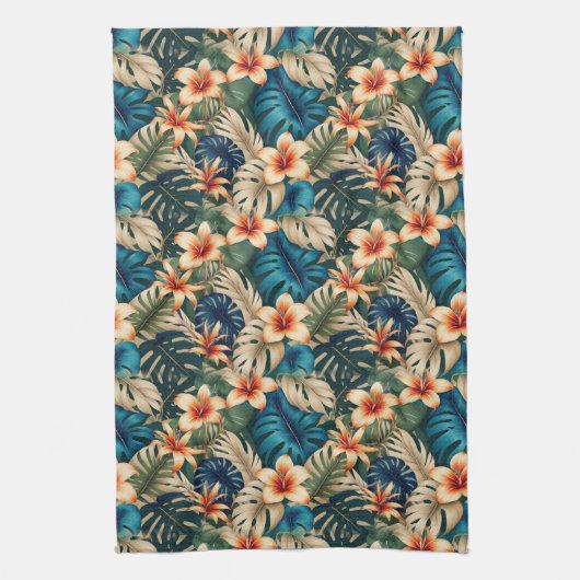 青緑の葉の熱帯の花 キッチンタオル (縦)