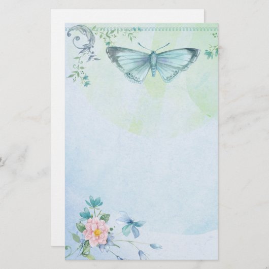 青緑の蝶花のかわいらしい静止した 便箋 (正面/裏面)