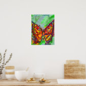 青緑の赤い蝶ティール(緑がかった色)金ゴールドきらめく ポスター (キッチン)