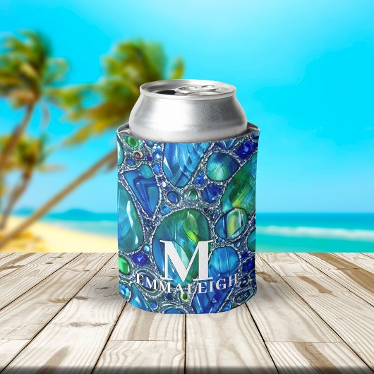 青緑の輝くガラスの宝石　イニシャル入り 缶クーラー